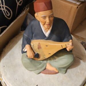 Hand-Painted Ceramic Musician Figurine - Blue, Green, Tan